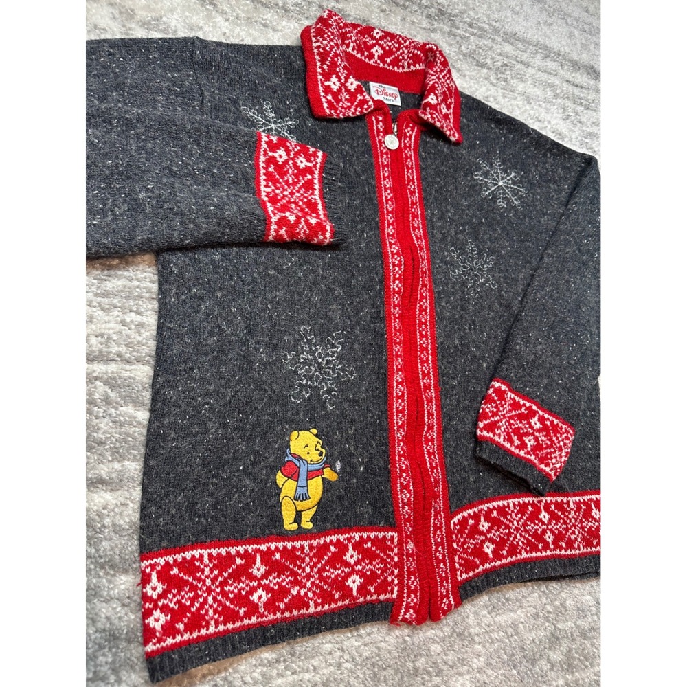 Disney Cardigan Womens L Gray Winnie The Pooh Snowflake Zip Up Sweater Vintage - Picture 2 of 10